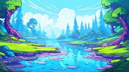 Fototapeta na wymiar cartoon illustration magical landscape of a pond surrounded by lush greenery and whimsical clouds.