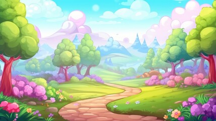 cartoon illustration fantasy nature landscape with flowers, trees, and mountains.