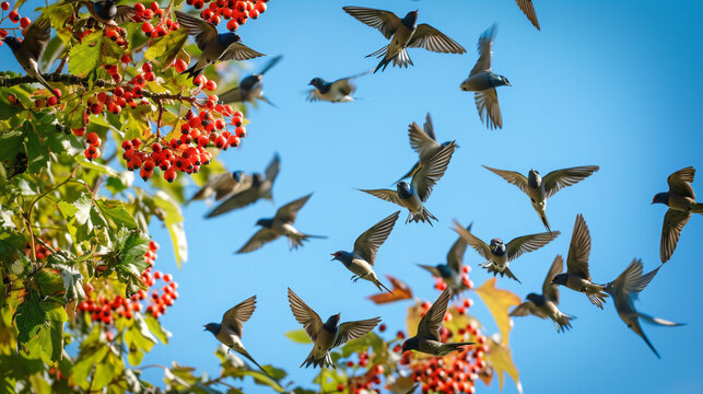 Flock of swallows on rowan tree