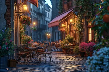 Cafe in the cozy morning lighted square .