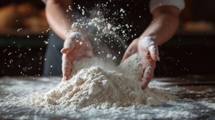 Cropped photo of an anonymous woman's hands sprinkling flour on the flour pile before kneading it