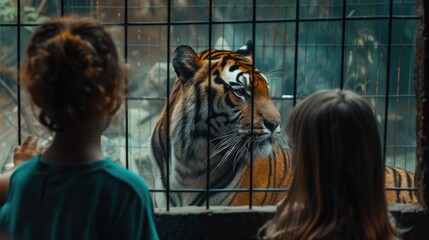 Fototapeta na wymiar Girl watching tiger in the other side of the cage in the zoo