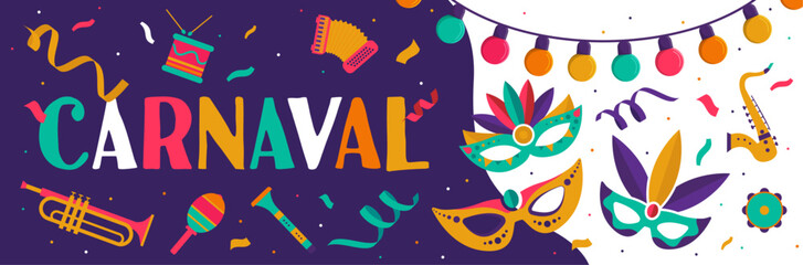 Carnaval - Bannière festive - Illustrations et titre autour de mardi gras - Masques, instruments de musique et cotillons - Couleurs vives  - obrazy, fototapety, plakaty