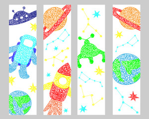 Set bookmarks with hand drawn stars, flying sauer, planet, mars rover, rocket, earth planet, constellations on white background in childrens naive style.