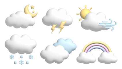 3d forecast weather set icon isolated. Sun, moon, lightning, thunderstorm, cloud, rainbow, snow in cartoon style.