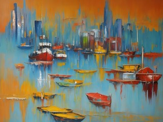 Boats in the water, abstract oil painting