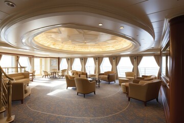 Obraz premium Luxury Cruise Ship Interior, Luxurious Ocean Liner Deck, Cabins Interior, Portholes, Sea View