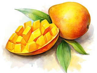 Fototapeta premium Watercolor Mango Isolated, Aquarelle Yellow Tropical Fruit Cut, Creative Watercolor Mango on White