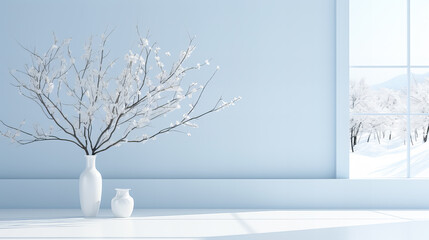White vase with blooming branches on white floor against blue wall