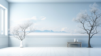 White vase with blooming branches on white floor against blue wall