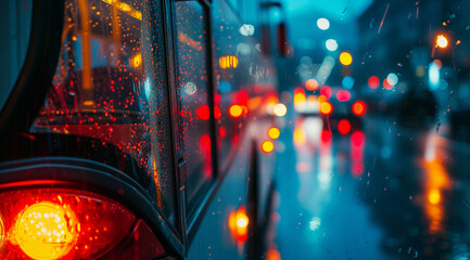 bus on the rainy city street, night