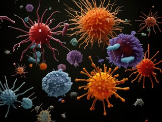 A group of different types of bacteria and viruses. Generative AI.