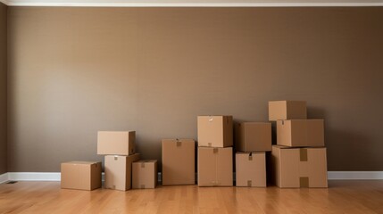 Piled cardboard moving boxes in a spacious empty room with hardwood floors.