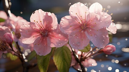 Close-up of delicate cherry blossoms with fresh water droplets, with bokeh light effect.