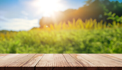 Naklejka na ściany i meble wood board table in front of summer landscape with lens flare. picture for background purpose