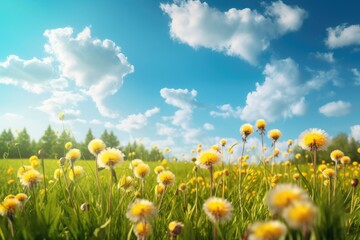 Fototapeta na wymiar Beautiful meadow field with fresh grass and yellow dandelion flowers in nature