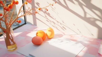 Brightly colored Easter eggs casting playful shadows beside a glass vase with decorative branches.