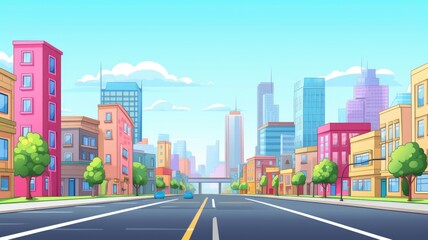 cartoon Illustration of a city landscape with buildings and road