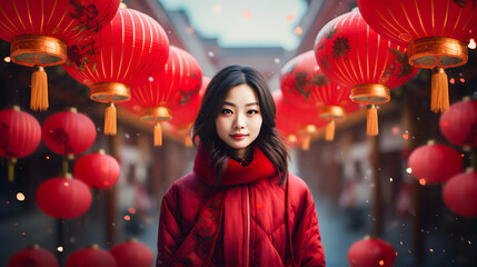 Portrait of beautiful young asian woman in traditional cheongsam dress with red lanterns. Chinese new year