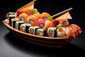 A sushi boat with an assortment of rolls.