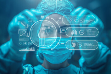 Doctor professional worker technology VR screen graphics depicting step by step guides for clinical in hospital , Technology display artificial intelligence AI