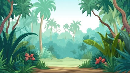 cartoon illustration tropical jungle with various types of lush, green foliage and pink flowers.