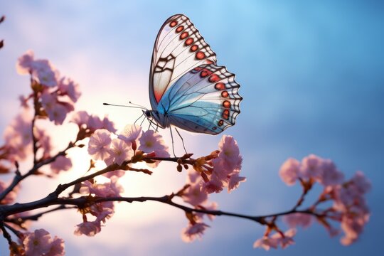 Springtime butterfly and apricot tree in elegant nature image