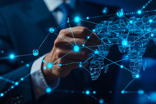  A Businessman drawing global structure networking and data exchanges , symbolizing global connectivity and network.Global business network concept