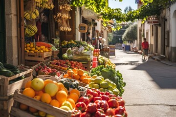 Street outdoors market of natural products. Small local farmer shop of fruits, vegetables in street of Spanish city in sunny day. Detail of Spain, Generative AI