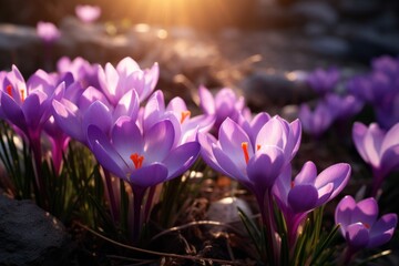 Highquality photo of purple crocus flowers in spring.