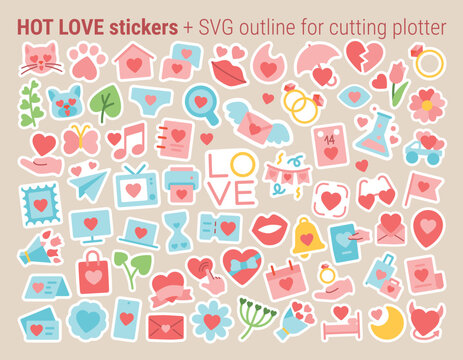 Hot love sticker pack for Valentines Day with contour for cutting plotter