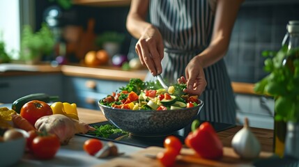 Obraz na płótnie Canvas Healthy eating lifestyle concept, person preparing fresh salad in a sunlit kitchen. AI
