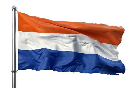 Vibrant tricolor national flag of the netherlands waving against a clear sky. high-quality image for travel and culture projects. AI