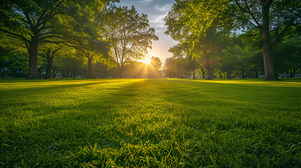 beautiful morning light in public park with green grass field an. generative ai - obrazy, fototapety, plakaty