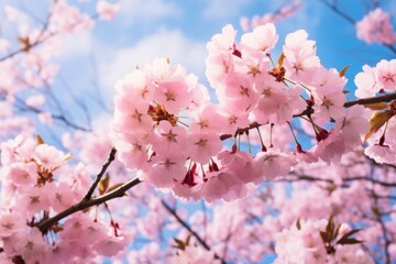 Obraz premium Pink cherry blossoms under blue sky, spring floral background.