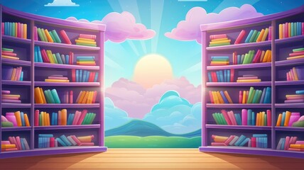cartoon illustration library with bookshelves flanking an open window revealing a dreamy cloudscape.