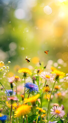 Beautiful colorful summer spring natural flower background. Bees working on a bright sunny day with beautiful bokeh 
