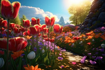 Vibrant spring tulip garden. - obrazy, fototapety, plakaty