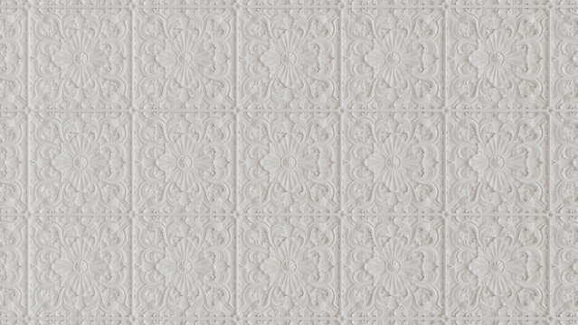 Elegant Light Ornate Pattern Wallpaper. White 3D Rosette Background.