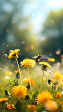 Fototapeta Beautiful colorful summer spring natural flower background. Bees working on a bright sunny day with beautiful bokeh 