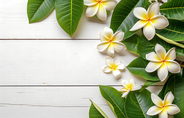plumeria flower with green palm leaves flat lay on white wooden table background top view