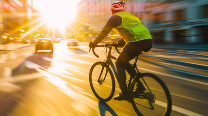a bicycle rider in a vivid yellow high-visibility vest, dynamically navigating the bustling city streets. The scene is set during the golden hour, with long shadows accentuating the movement and speed