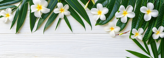 plumeria flower with green palm leaves flat lay on white wooden table background banner top view