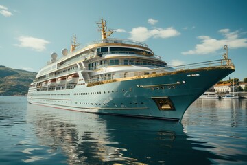 Fototapeta premium Yacht Horizons: A Cruise Ship Yacht Sets Sail on a Touristic Expedition, Offering Passengers an Unforgettable Journey Amidst the Expansive Beauty of the Ocean