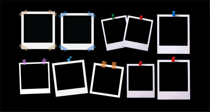 Photo Frame Collection. Empty white vintage photo frame with adhesive tapes. photos attached to album page with realistic drop shadow, Polaroid photo frame set. great set collection Silhouette .