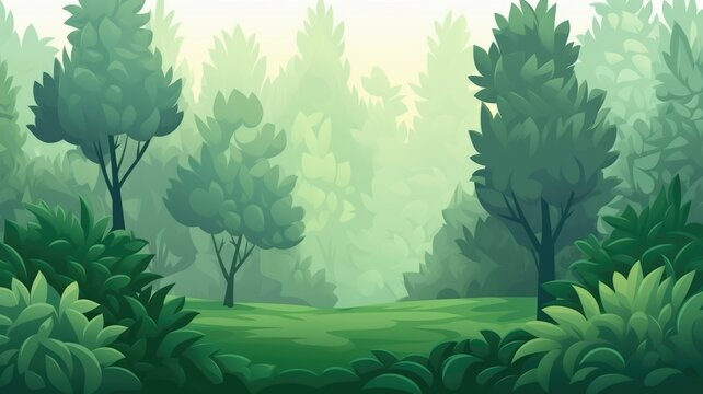 cartoon illustration of a lush green forest with various shades of green depicting the trees and foliage.
