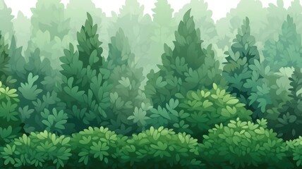 Fototapeta premium cartoon illustration of a lush green forest with various shades of green depicting the trees and foliage.
