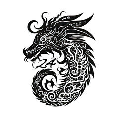 Ornate Dragon, Chinese Draco Tattoo, Minimal Fantasy Dragon Isolated, New Year 2024 Symbol