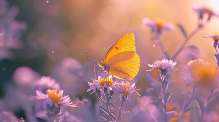As dawn breaks, a yellow butterfly with gossamer wings alights on a cluster of wild daisies, enveloped in a warm, hazy glow. - obrazy, fototapety, plakaty
