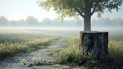A weathered tree stump sits along a mist-enshrouded country path, with the silhouette of a leafy tree looming in the soft morning light.